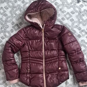 MK Girls Quilted Puffer Hooded Winter Jacket - Burgundy Pink Sz16